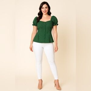 💚 Unique Vintage Green Polka Dot Puff Sleeve Blouse XL (14)